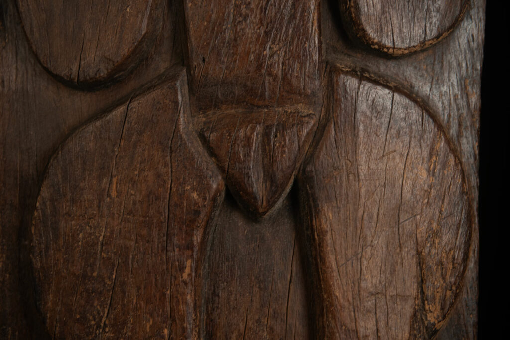 Very beautiful and massive ancestral panel from the Paiwan tribe, dating from the 19th century, carved with a nude female ancestor wearing a headdress formed by two intertwined snakes facing away from each other. A truly remarkable piece.