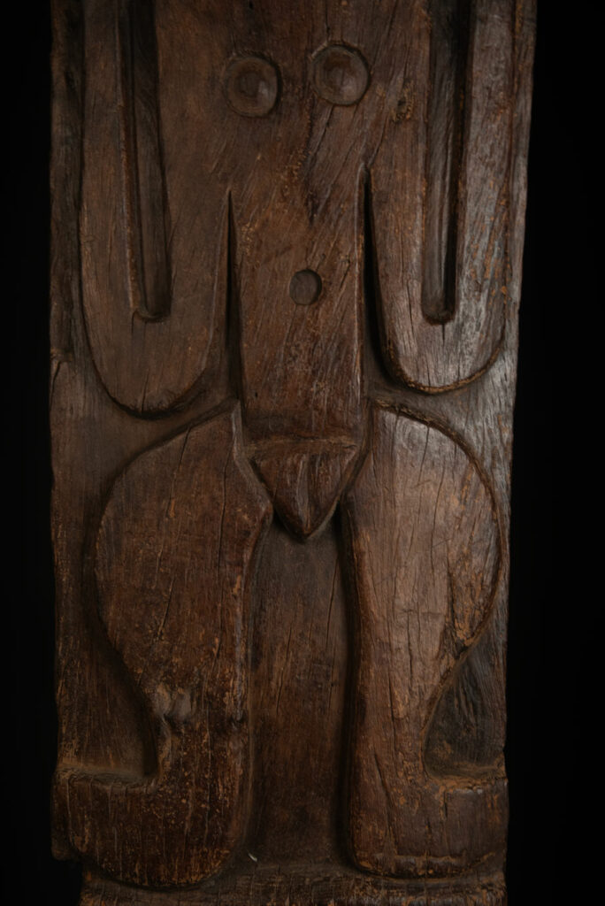 Very beautiful and massive ancestral panel from the Paiwan tribe, dating from the 19th century, carved with a nude female ancestor wearing a headdress formed by two intertwined snakes facing away from each other. A truly remarkable piece.