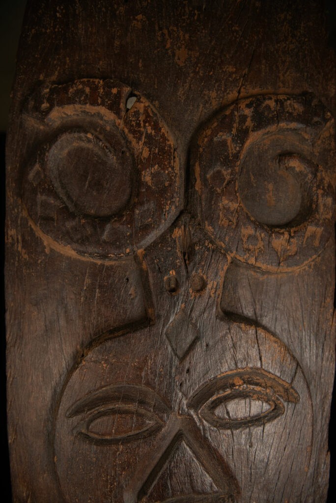 Very beautiful and massive ancestral panel from the Paiwan tribe, dating from the 19th century, carved with a nude female ancestor wearing a headdress formed by two intertwined snakes facing away from each other. A truly remarkable piece.