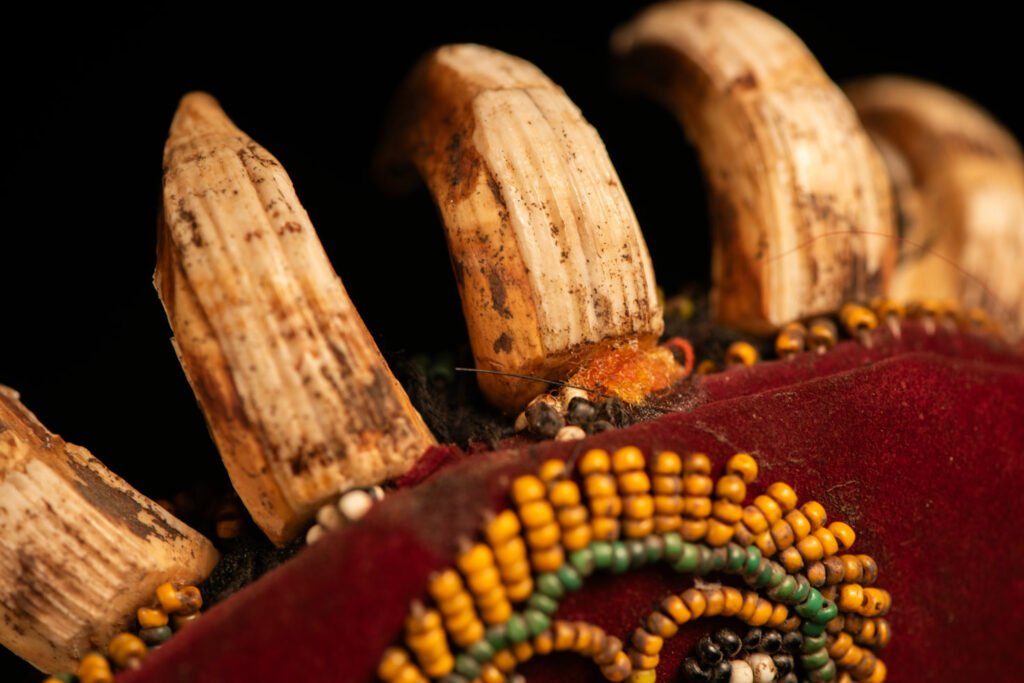 Paiwan tribe: ceremonial men's hat made of velvet, adorned with beadwork forming sacred snakes, and featuring a central rosette decorated with a round shell and boar tusks.