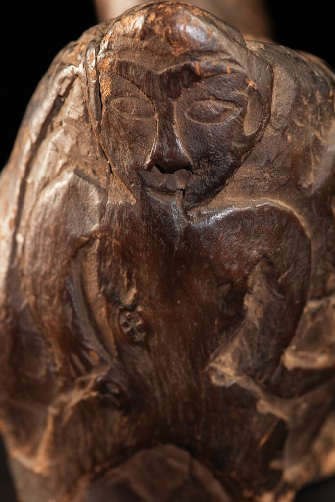 Paiwan tribe archaic ritual cup of a shaman carved with a standing hunter at the front, sacred snakes , deer on the lid and a hunter with his dog hunting a wilde animal