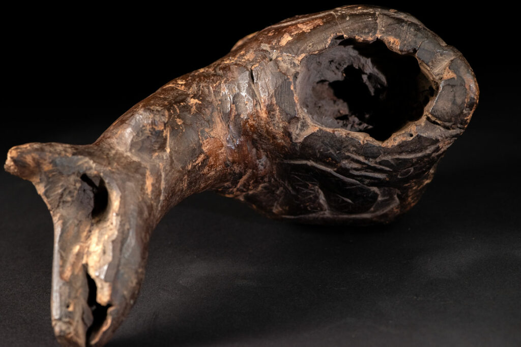 Paiwan tribe archaic ritual cup of a shaman carved with a standing hunter at the front, sacred snakes , deer on the lid and a hunter with his dog hunting a wilde animal