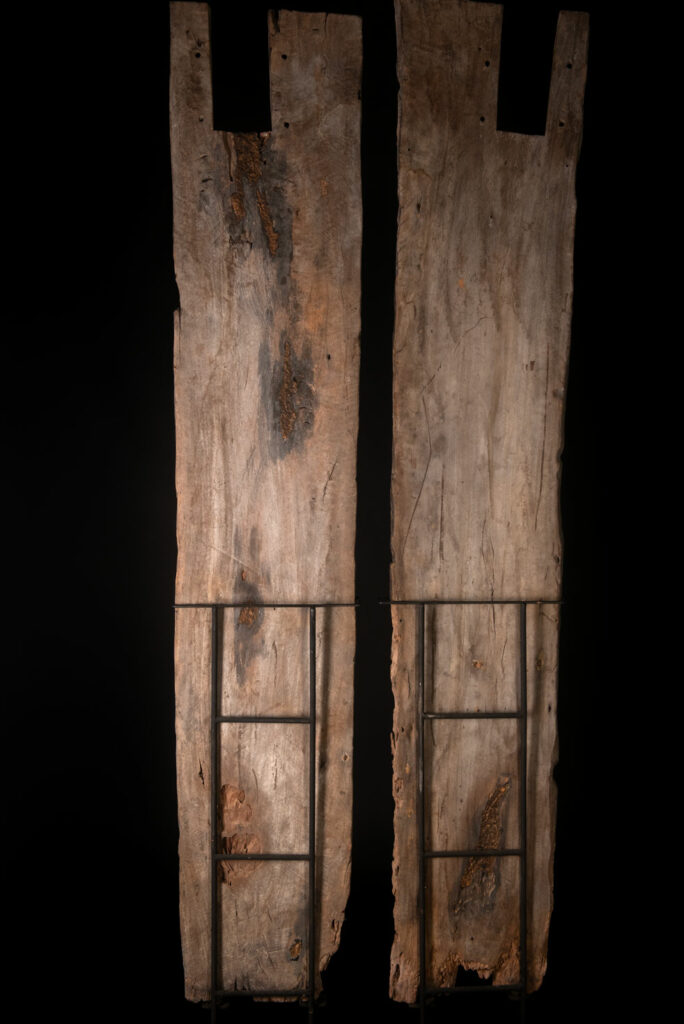 Pair of ancestor panels from the Paiwan tribe, depicting a male and a female figure, both wearing feathered headdresses — symbols of valor and vigor. The panels are inlaid with porcelain circles at the eyes, mouth, and waist, representing the ceremonial belts they wear.