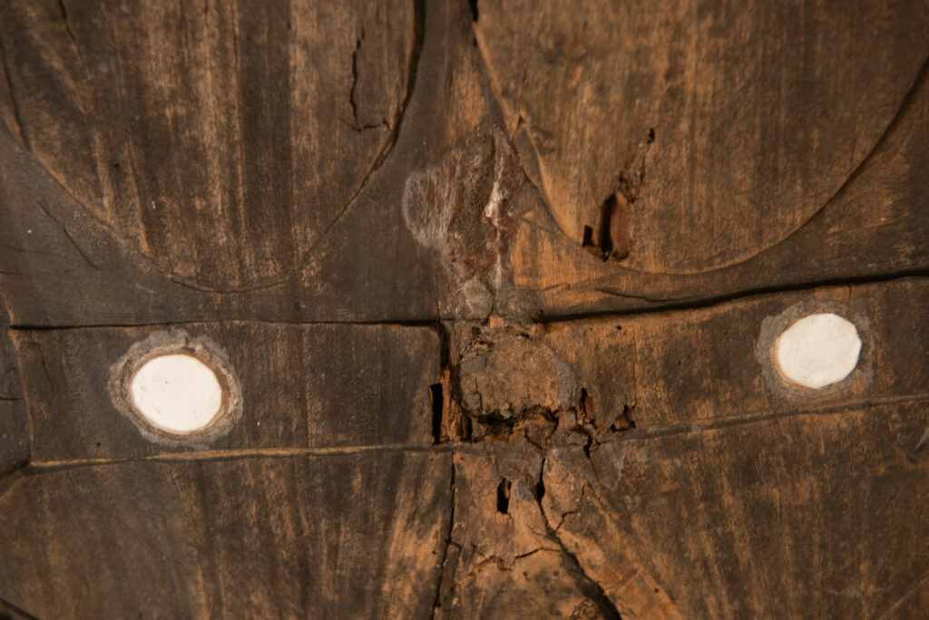 Pair of ancestor panels from the Paiwan tribe, depicting a male and a female figure, both wearing feathered headdresses — symbols of valor and vigor. The panels are inlaid with porcelain circles at the eyes, mouth, and waist, representing the ceremonial belts they wear.