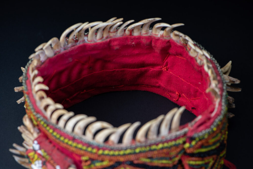 Women's headdress from the Paiwan tribe, made of green, yellow, red, and black beads arranged in geometric patterns, and topped with boar tusks.