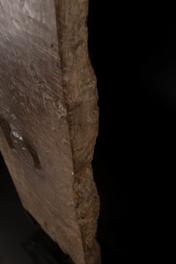 Rare and massive early 19th-century panel from the East Coast Paiwan tribe, carved in the Taimali style. It features a prominent central nose, a stylized face at the top, and another face carved at the bottom — a characteristic design of the Southeastern Paiwan tradition.