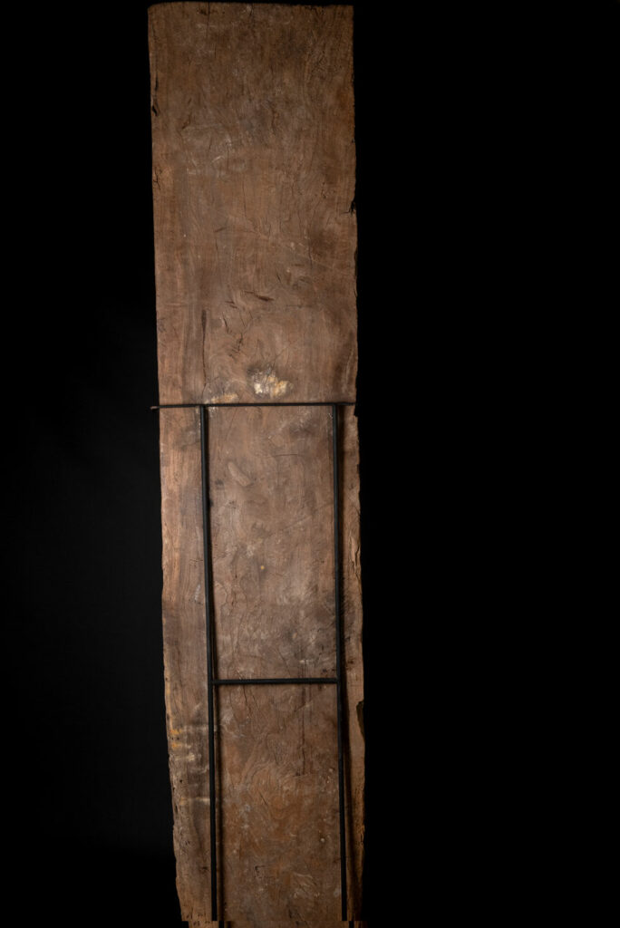 Ancient massive paiwan tribe ancestor panel carved with a standing figure of an ancestor Wearing a two-headed snake as a headdress and a ceremonial belt.