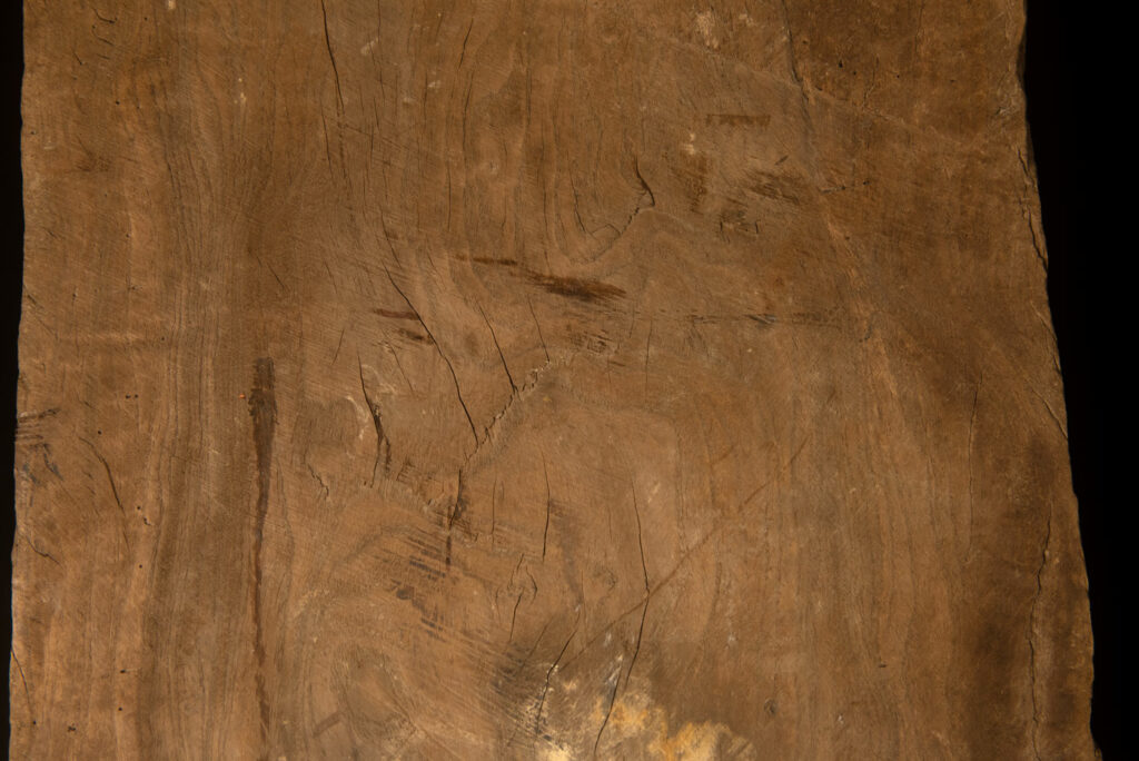 Ancient massive paiwan tribe ancestor panel carved with a standing figure of an ancestor Wearing a two-headed snake as a headdress and a ceremonial belt.