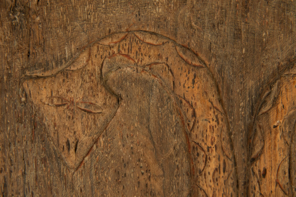 Paiwan tribes wood Door- 19 century - Standing figure and sacred snakes, two on the figure and two on a sides- south Taiwan. detail