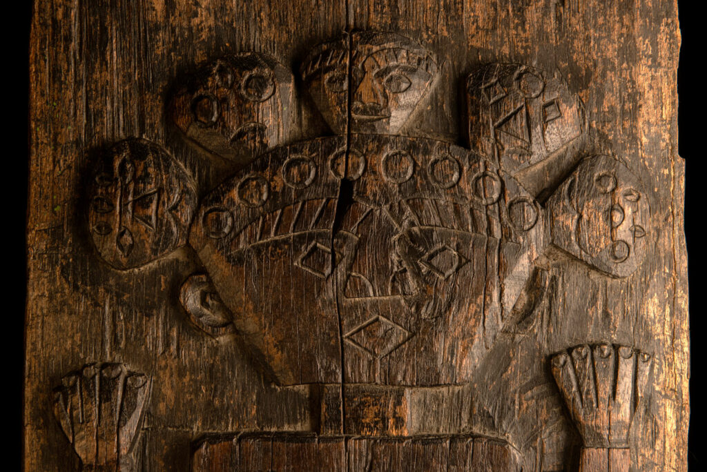 ancient Paiwan tribe panel carved with a standing man, part of a house partition or used as small doors or shutters – South Taiwan