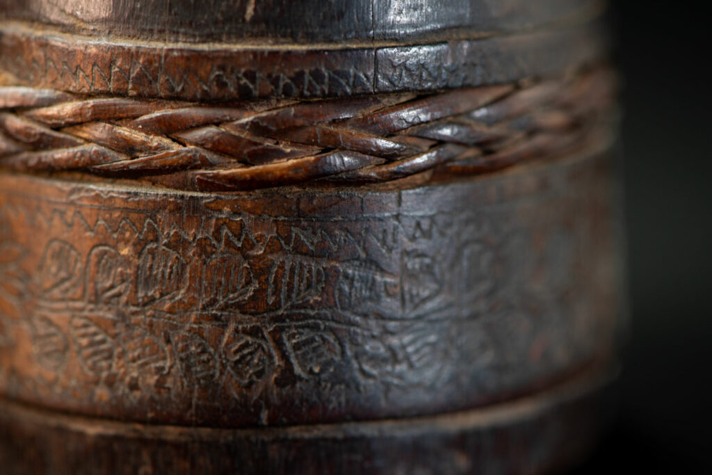 Bamboo Mortar Carved with Foliage and Wrapped with a Rattan Braid, with Pestle – Pingpu Tribe