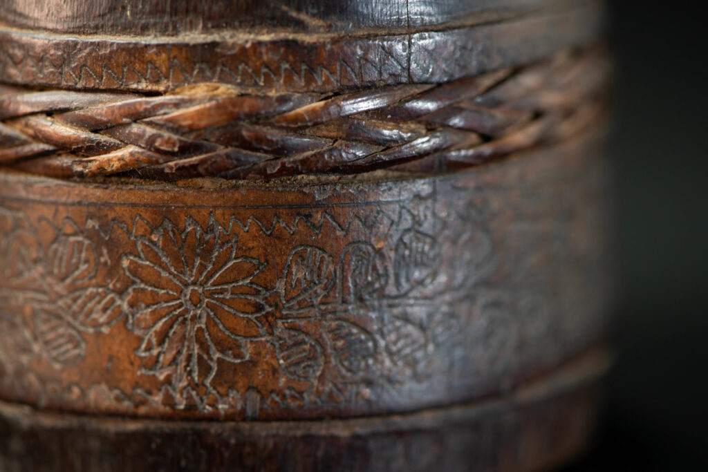 Bamboo Mortar Carved with Foliage and Wrapped with a Rattan Braid, with Pestle – Pingpu Tribe