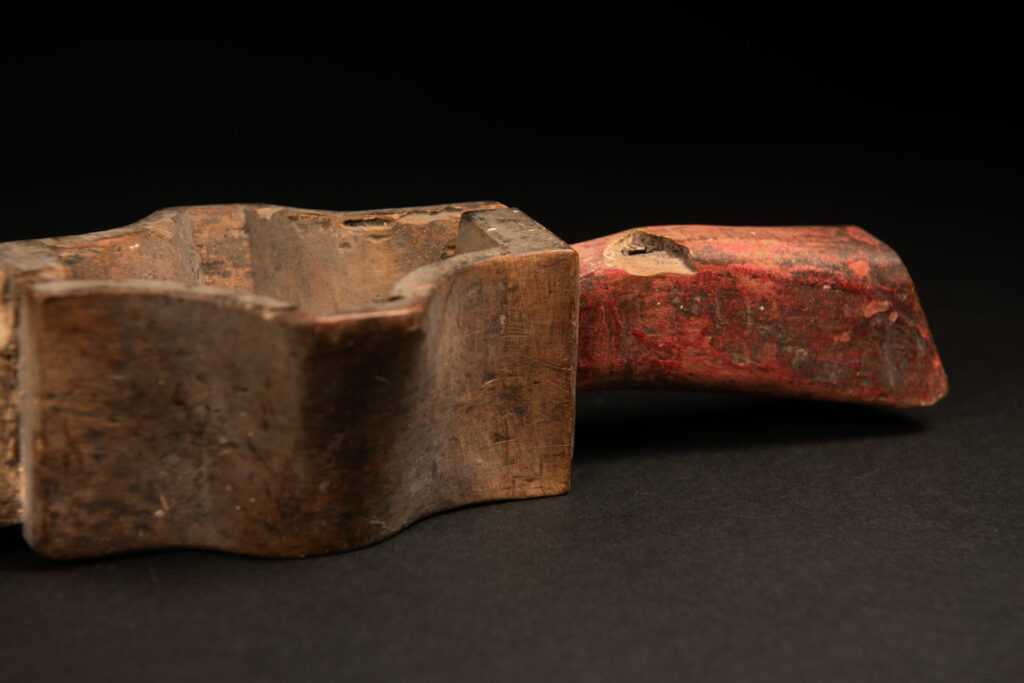 Eroded Paiwan tribe wooden cup for millet wine . Carved with human face and snake and paint.
