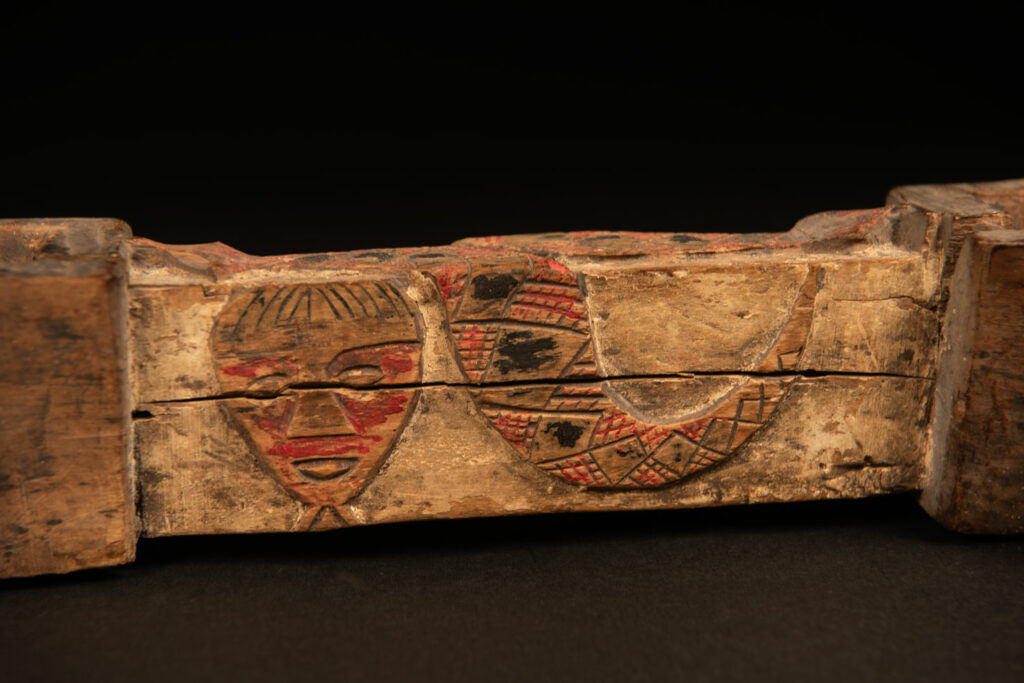 Eroded Paiwan tribe wooden cup for millet wine . Carved with human face and snake and paint.