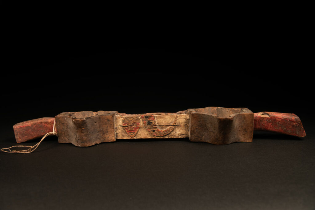 Eroded Paiwan tribe wooden cup for millet wine . Carved with human face and snake and paint.