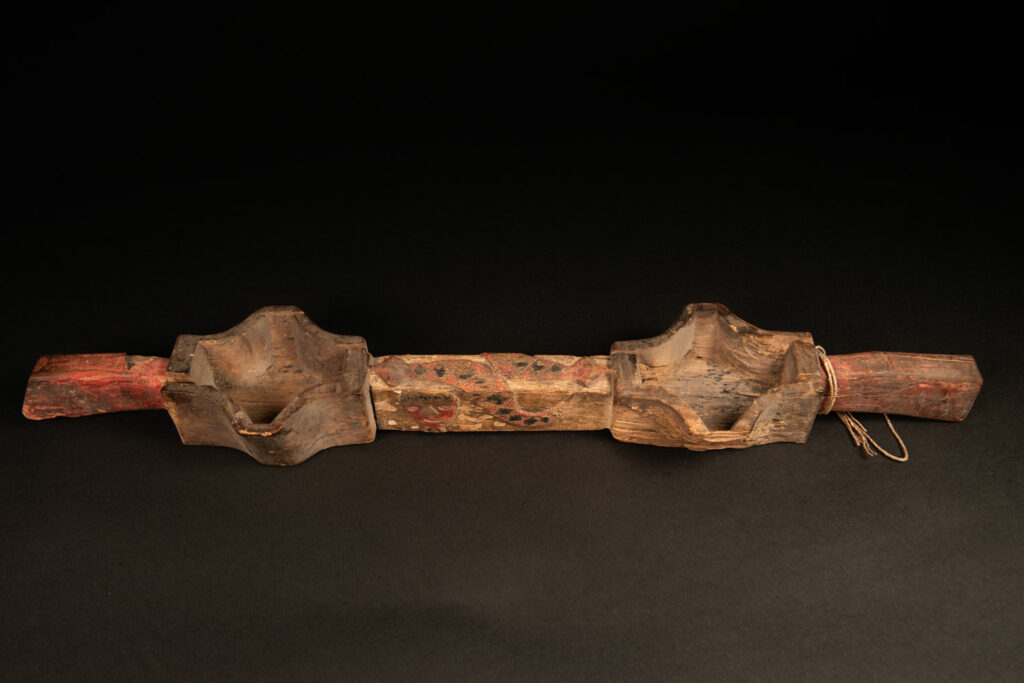 Eroded Paiwan tribe wooden cup for millet wine . Carved with human face and snake and paint.