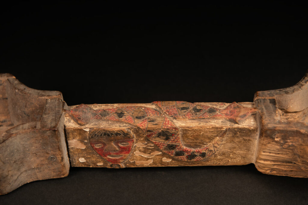 Eroded Paiwan tribe wooden cup for millet wine . Carved with human face and snake and paint.