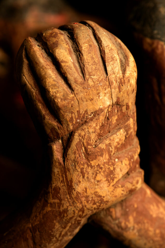 Painted wooden statue depicting figures performing a ritual dance – Paiwan tribe